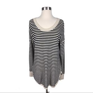 [Pink Rose] Striped Curved Hem Thin Sweater